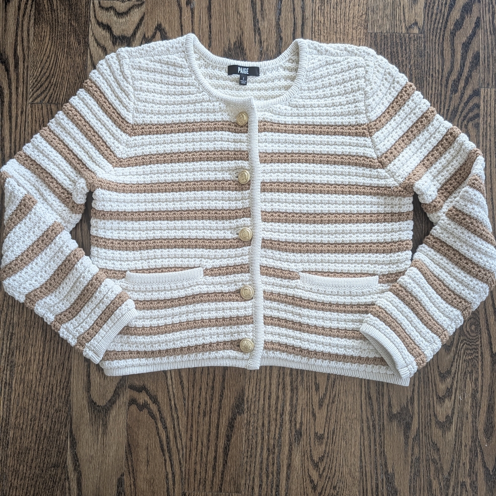 PAIGE Women's Cream and Tan Striped Cardigan